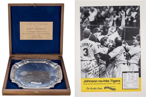 Scott Bradley Collection of (2) Items Related to Randy Johnsons Historic 06/02/90 No-Hitter Performance- Silver Award Platter and Randy Johnson Signed Poster (Bradley LOA & Beckett)